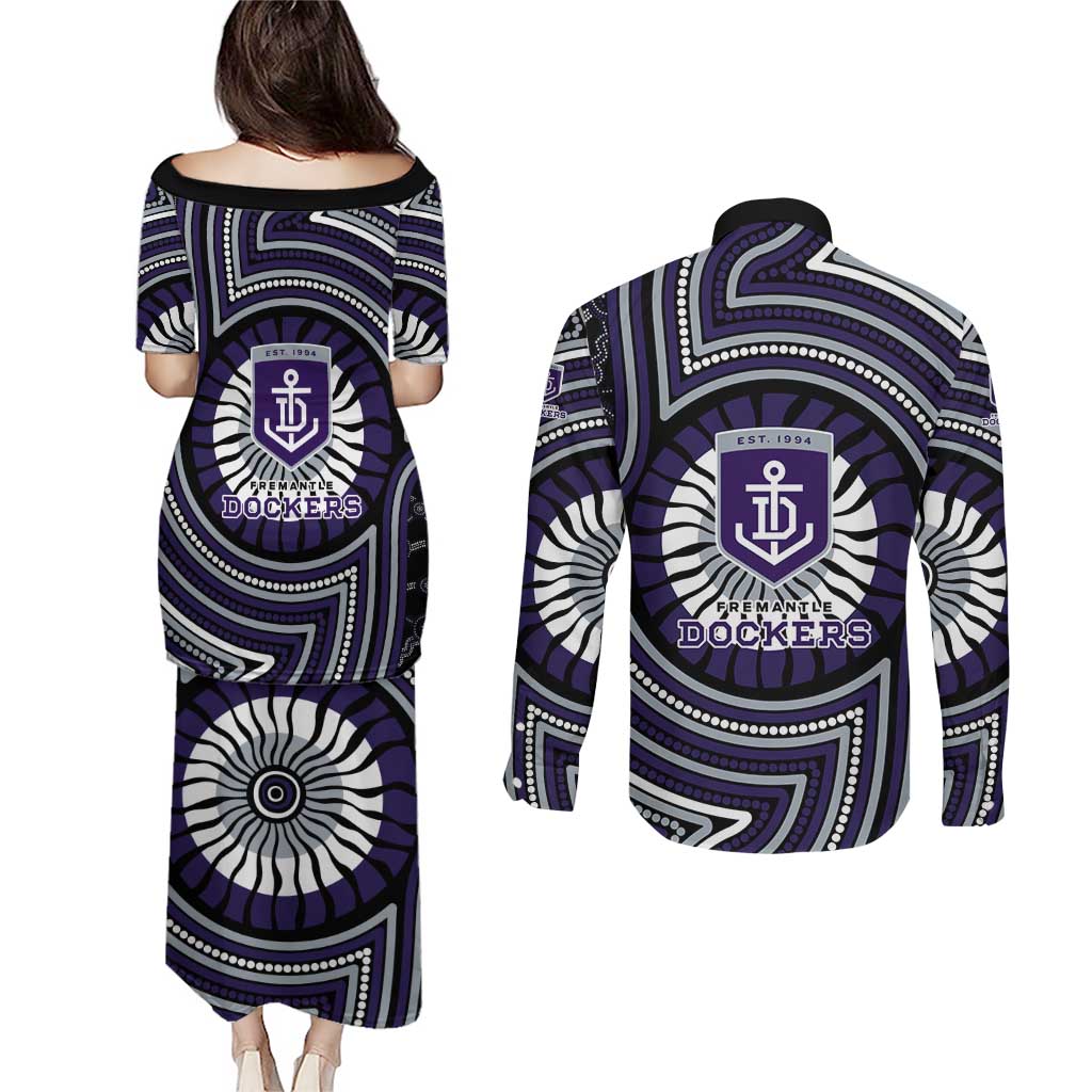 Fremantle Dockers Couples Matching Puletasi and Long Sleeve Button Shirt Indigenous Monochrome Dot Art Mascot Style