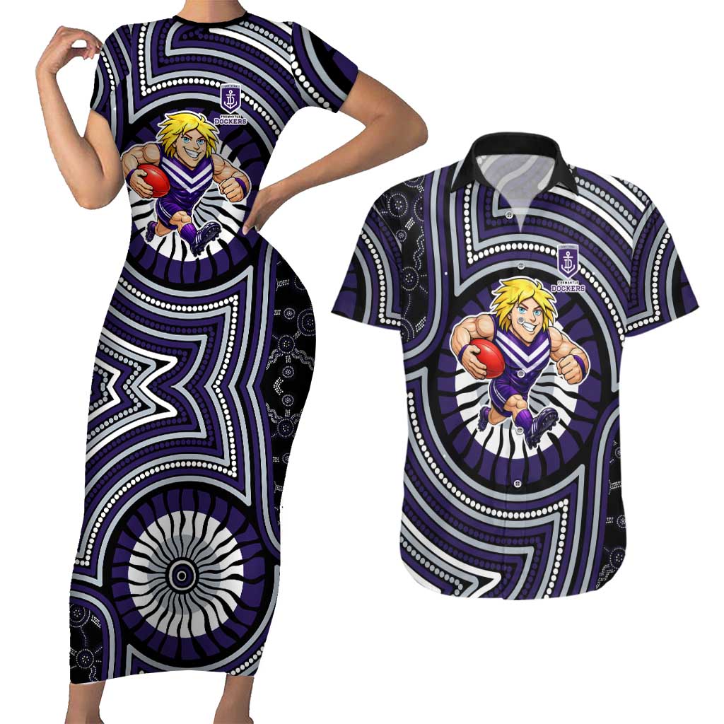Fremantle Dockers Couples Matching Short Sleeve Bodycon Dress and Hawaiian Shirt Indigenous Monochrome Dot Art Mascot Style