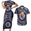 Fremantle Dockers Couples Matching Short Sleeve Bodycon Dress and Hawaiian Shirt Indigenous Monochrome Dot Art Mascot Style