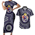 Fremantle Dockers Couples Matching Short Sleeve Bodycon Dress and Hawaiian Shirt Indigenous Monochrome Dot Art Mascot Style
