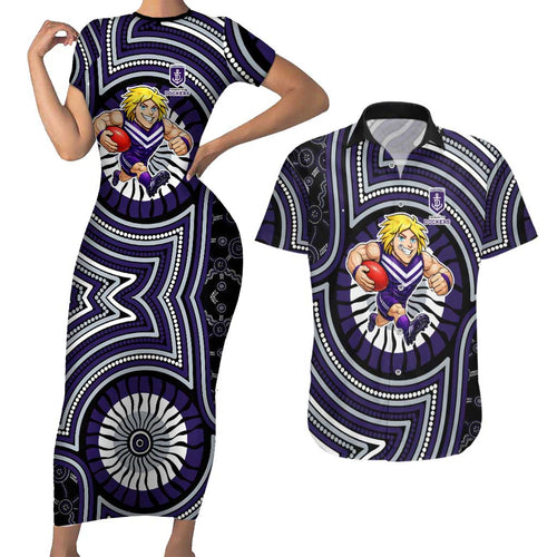 Fremantle Dockers Couples Matching Short Sleeve Bodycon Dress and Hawaiian Shirt Indigenous Monochrome Dot Art Mascot Style