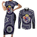 Fremantle Dockers Couples Matching Short Sleeve Bodycon Dress and Long Sleeve Button Shirt Indigenous Monochrome Dot Art Mascot Style