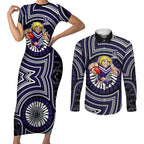 Fremantle Dockers Couples Matching Short Sleeve Bodycon Dress and Long Sleeve Button Shirt Indigenous Monochrome Dot Art Mascot Style