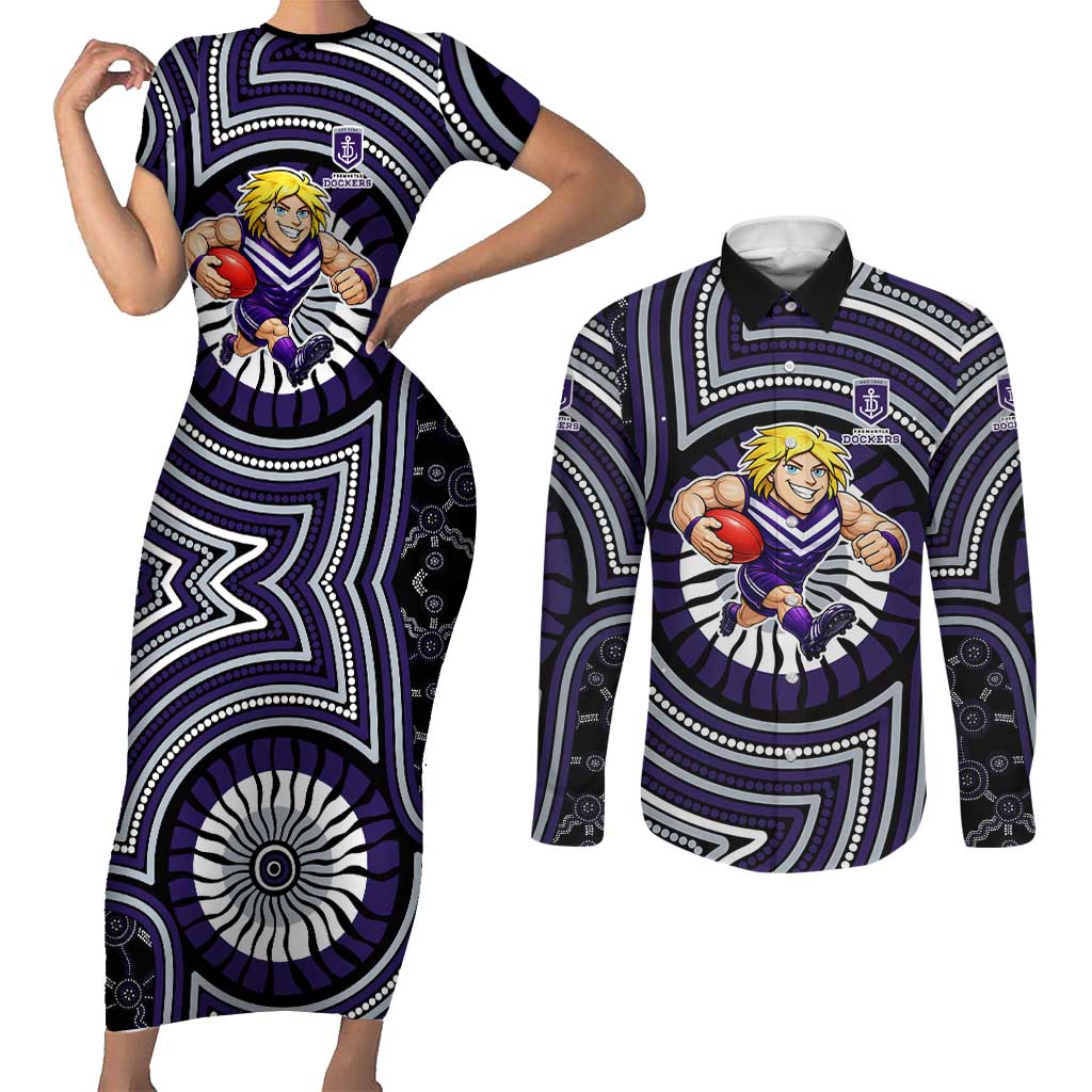 Fremantle Dockers Couples Matching Short Sleeve Bodycon Dress and Long Sleeve Button Shirt Indigenous Monochrome Dot Art Mascot Style