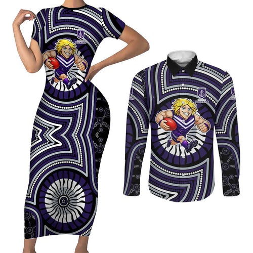 Fremantle Dockers Couples Matching Short Sleeve Bodycon Dress and Long Sleeve Button Shirt Indigenous Monochrome Dot Art Mascot Style