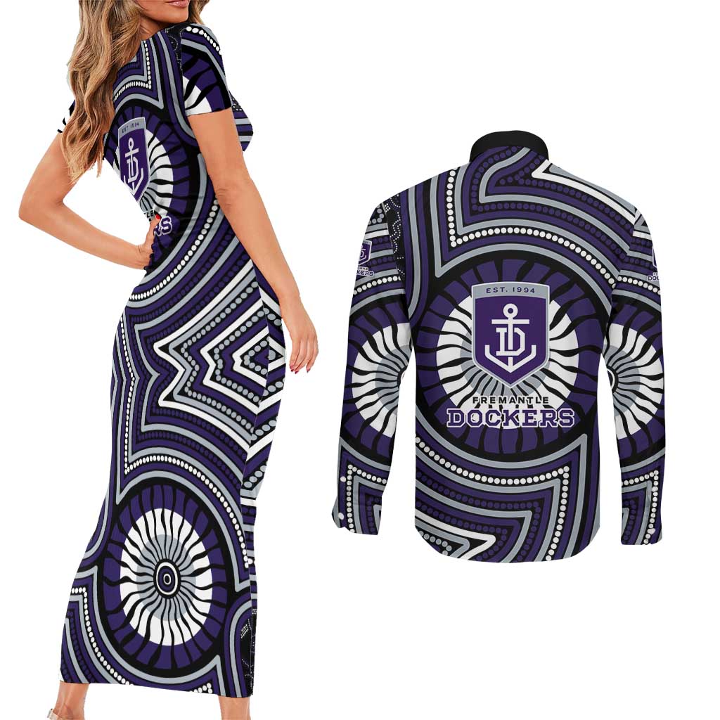 Fremantle Dockers Couples Matching Short Sleeve Bodycon Dress and Long Sleeve Button Shirt Indigenous Monochrome Dot Art Mascot Style
