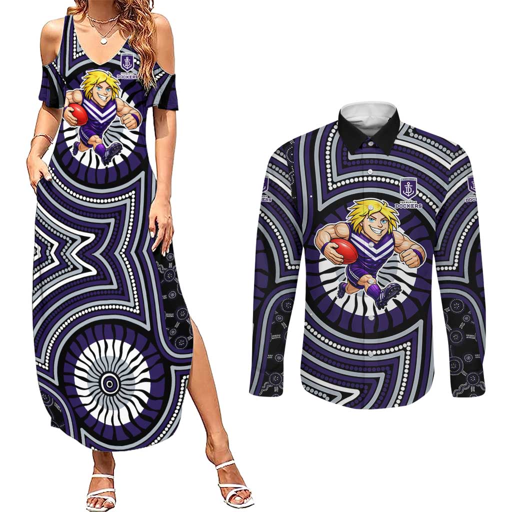 Fremantle Dockers Couples Matching Summer Maxi Dress and Long Sleeve Button Shirt Indigenous Monochrome Dot Art Mascot Style