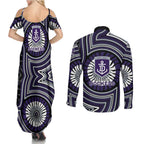 Fremantle Dockers Couples Matching Summer Maxi Dress and Long Sleeve Button Shirt Indigenous Monochrome Dot Art Mascot Style