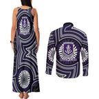 Fremantle Dockers Couples Matching Tank Maxi Dress and Long Sleeve Button Shirt Indigenous Monochrome Dot Art Mascot Style