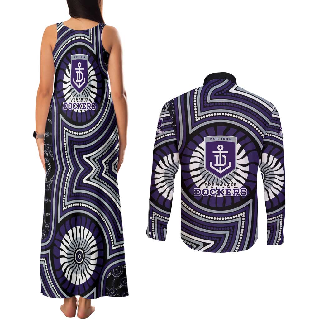 Fremantle Dockers Couples Matching Tank Maxi Dress and Long Sleeve Button Shirt Indigenous Monochrome Dot Art Mascot Style