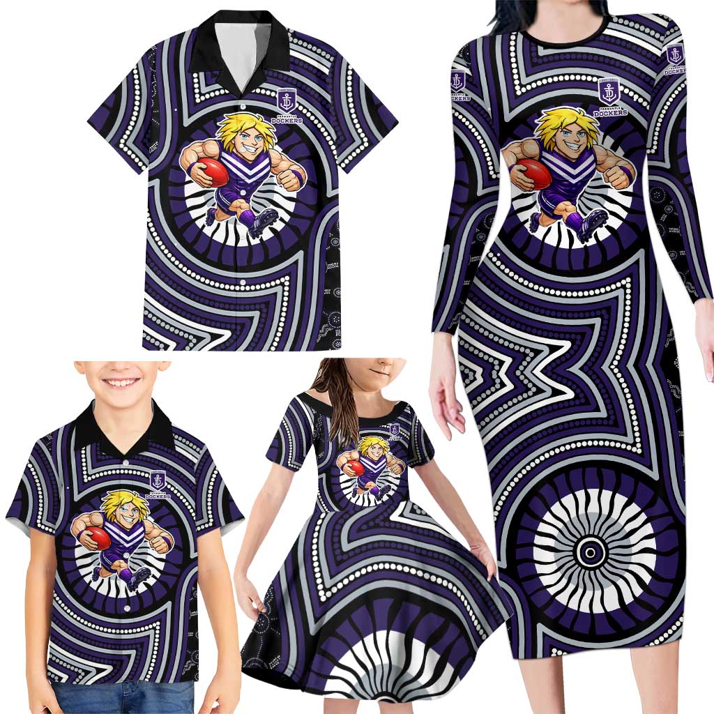 Fremantle Dockers Family Matching Long Sleeve Bodycon Dress and Hawaiian Shirt Indigenous Monochrome Dot Art Mascot Style