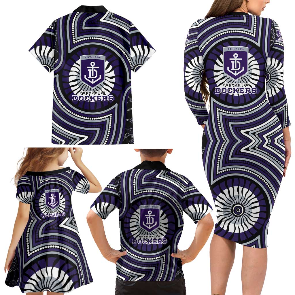 Fremantle Dockers Family Matching Long Sleeve Bodycon Dress and Hawaiian Shirt Indigenous Monochrome Dot Art Mascot Style