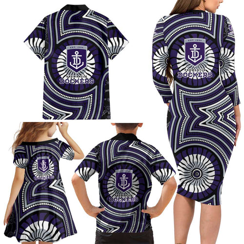 Fremantle Dockers Family Matching Long Sleeve Bodycon Dress and Hawaiian Shirt Indigenous Monochrome Dot Art Mascot Style