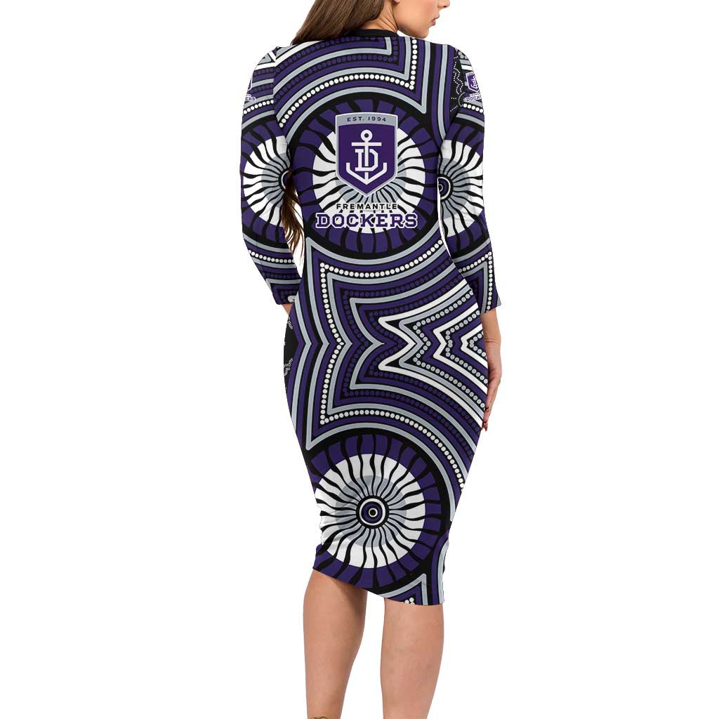 Fremantle Dockers Family Matching Long Sleeve Bodycon Dress and Hawaiian Shirt Indigenous Monochrome Dot Art Mascot Style