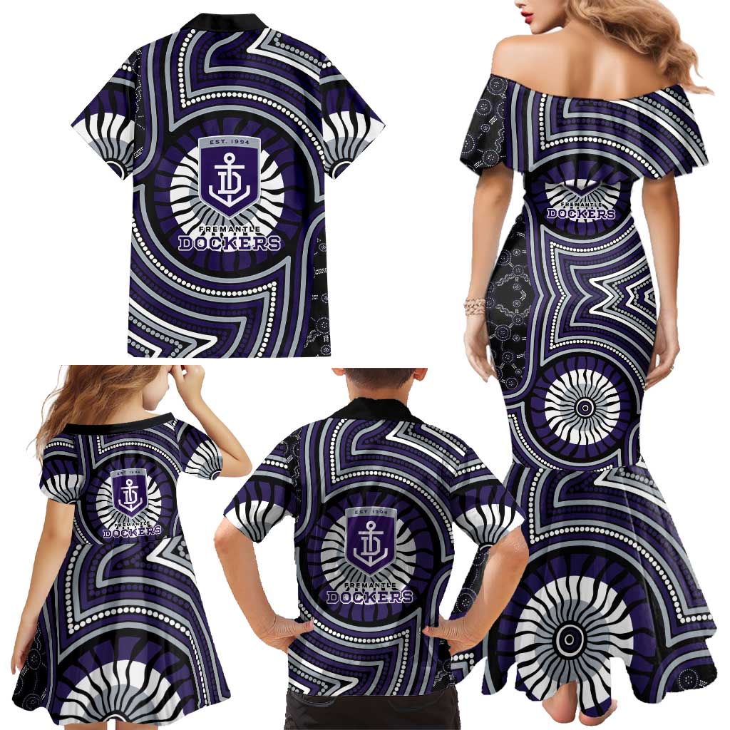 Fremantle Dockers Family Matching Mermaid Dress and Hawaiian Shirt Indigenous Monochrome Dot Art Mascot Style