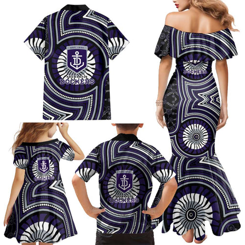 Fremantle Dockers Family Matching Mermaid Dress and Hawaiian Shirt Indigenous Monochrome Dot Art Mascot Style