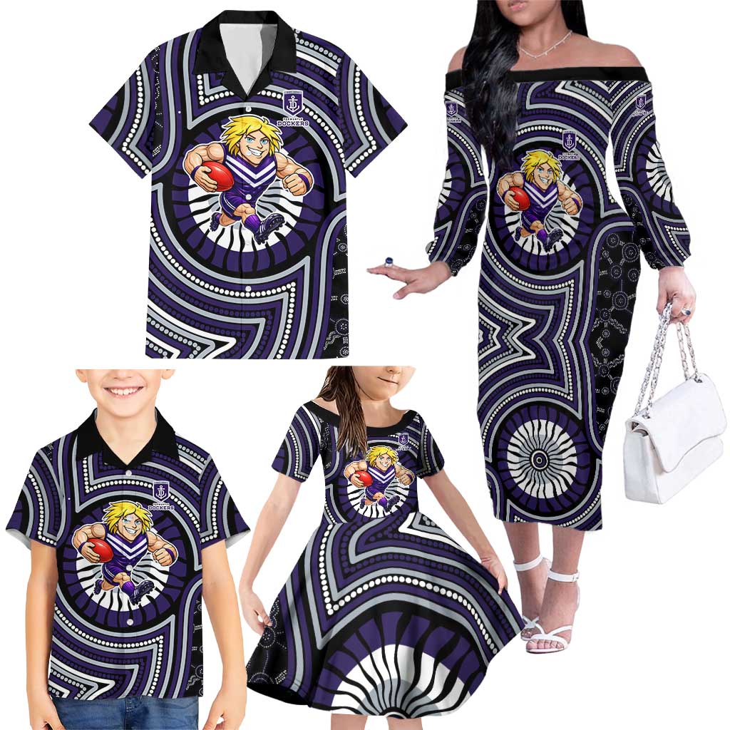 Fremantle Dockers Family Matching Off The Shoulder Long Sleeve Dress and Hawaiian Shirt Indigenous Monochrome Dot Art Mascot Style
