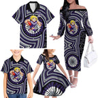 Fremantle Dockers Family Matching Off The Shoulder Long Sleeve Dress and Hawaiian Shirt Indigenous Monochrome Dot Art Mascot Style