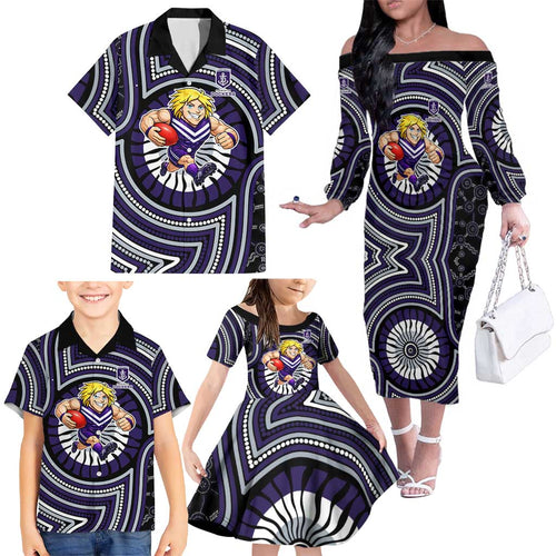 Fremantle Dockers Family Matching Off The Shoulder Long Sleeve Dress and Hawaiian Shirt Indigenous Monochrome Dot Art Mascot Style