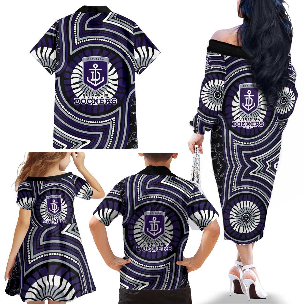 Fremantle Dockers Family Matching Off The Shoulder Long Sleeve Dress and Hawaiian Shirt Indigenous Monochrome Dot Art Mascot Style