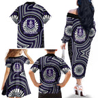 Fremantle Dockers Family Matching Off The Shoulder Long Sleeve Dress and Hawaiian Shirt Indigenous Monochrome Dot Art Mascot Style