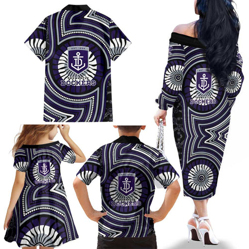 Fremantle Dockers Family Matching Off The Shoulder Long Sleeve Dress and Hawaiian Shirt Indigenous Monochrome Dot Art Mascot Style