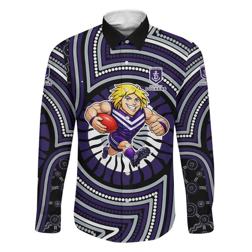 Fremantle Dockers Family Matching Off The Shoulder Long Sleeve Dress and Hawaiian Shirt Indigenous Monochrome Dot Art Mascot Style