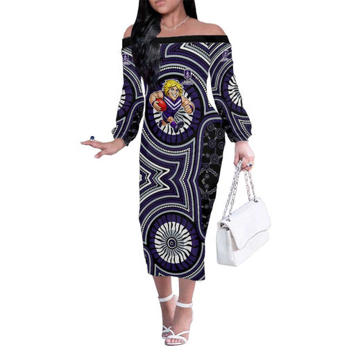 Fremantle Dockers Family Matching Off The Shoulder Long Sleeve Dress and Hawaiian Shirt Indigenous Monochrome Dot Art Mascot Style