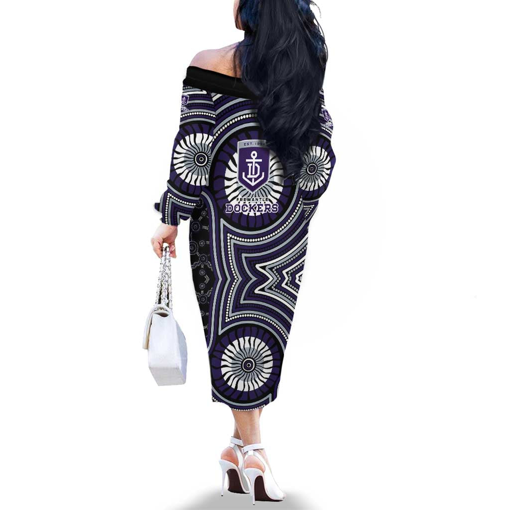 Fremantle Dockers Family Matching Off The Shoulder Long Sleeve Dress and Hawaiian Shirt Indigenous Monochrome Dot Art Mascot Style
