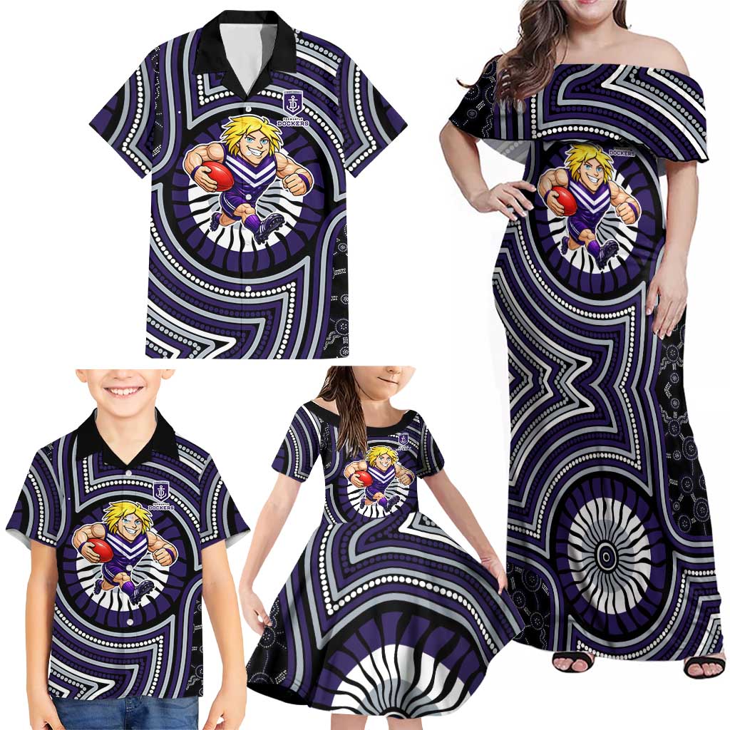 Fremantle Dockers Family Matching Off Shoulder Maxi Dress and Hawaiian Shirt Indigenous Monochrome Dot Art Mascot Style