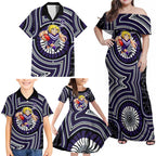 Fremantle Dockers Family Matching Off Shoulder Maxi Dress and Hawaiian Shirt Indigenous Monochrome Dot Art Mascot Style