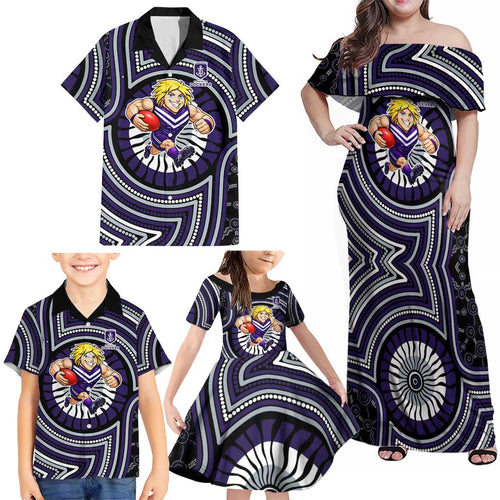 Fremantle Dockers Family Matching Off Shoulder Maxi Dress and Hawaiian Shirt Indigenous Monochrome Dot Art Mascot Style