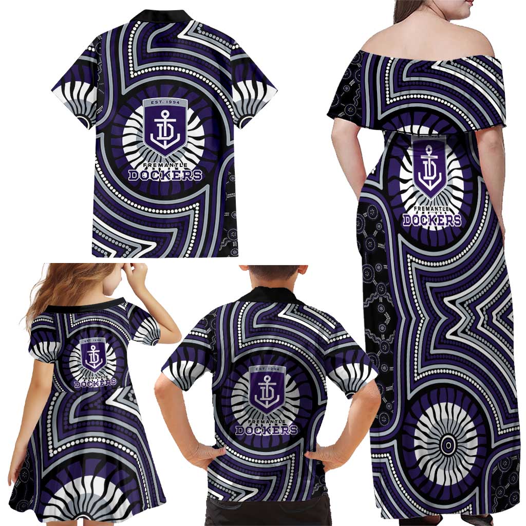 Fremantle Dockers Family Matching Off Shoulder Maxi Dress and Hawaiian Shirt Indigenous Monochrome Dot Art Mascot Style