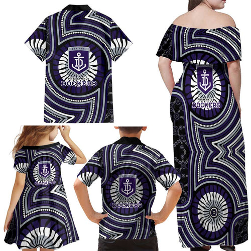 Fremantle Dockers Family Matching Off Shoulder Maxi Dress and Hawaiian Shirt Indigenous Monochrome Dot Art Mascot Style