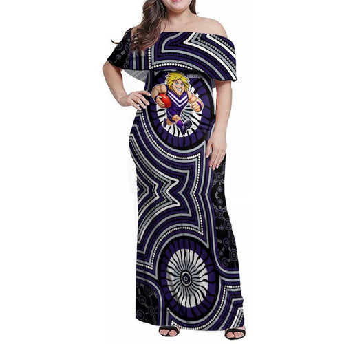 Fremantle Dockers Family Matching Off Shoulder Maxi Dress and Hawaiian Shirt Indigenous Monochrome Dot Art Mascot Style