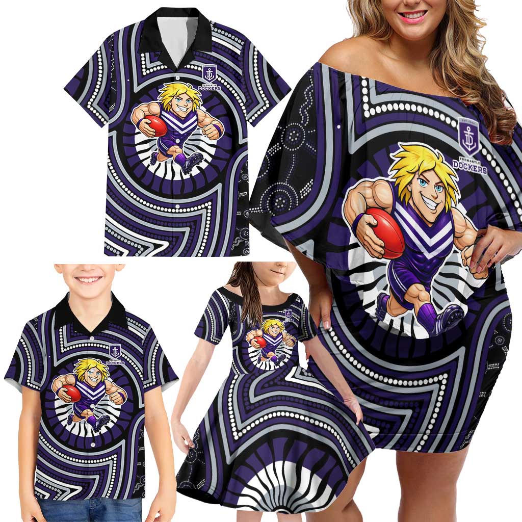 Fremantle Dockers Family Matching Off Shoulder Short Dress and Hawaiian Shirt Indigenous Monochrome Dot Art Mascot Style