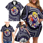 Fremantle Dockers Family Matching Off Shoulder Short Dress and Hawaiian Shirt Indigenous Monochrome Dot Art Mascot Style