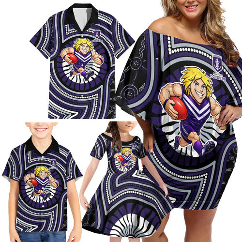 Fremantle Dockers Family Matching Off Shoulder Short Dress and Hawaiian Shirt Indigenous Monochrome Dot Art Mascot Style