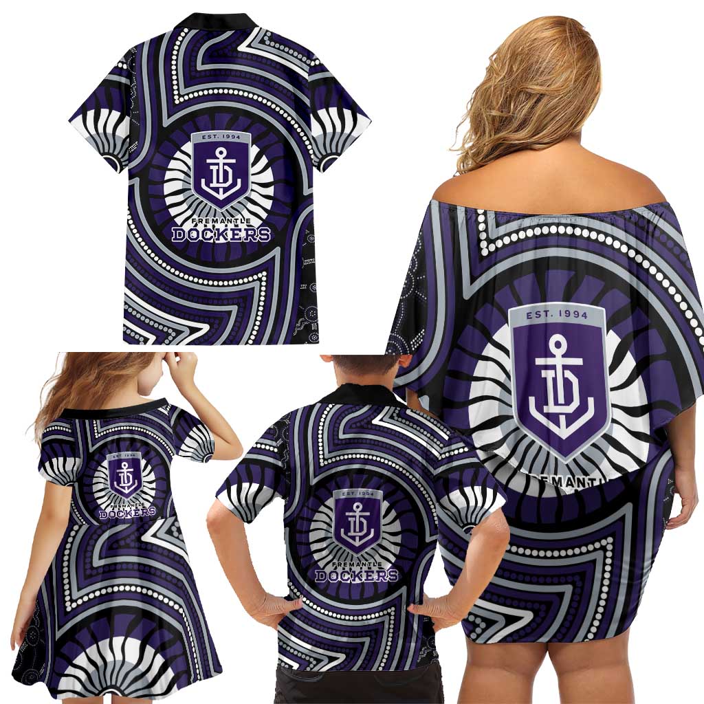 Fremantle Dockers Family Matching Off Shoulder Short Dress and Hawaiian Shirt Indigenous Monochrome Dot Art Mascot Style