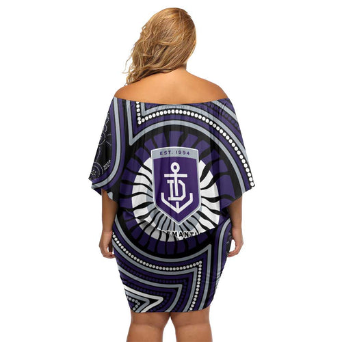 Fremantle Dockers Family Matching Off Shoulder Short Dress and Hawaiian Shirt Indigenous Monochrome Dot Art Mascot Style