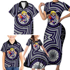 Fremantle Dockers Family Matching Short Sleeve Bodycon Dress and Hawaiian Shirt Indigenous Monochrome Dot Art Mascot Style