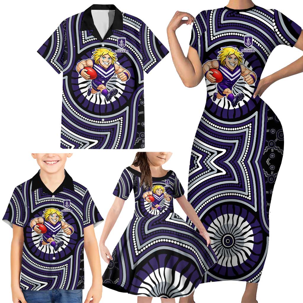 Fremantle Dockers Family Matching Short Sleeve Bodycon Dress and Hawaiian Shirt Indigenous Monochrome Dot Art Mascot Style