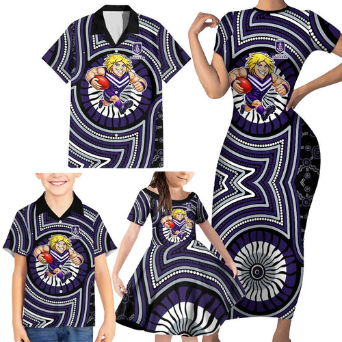 Fremantle Dockers Family Matching Short Sleeve Bodycon Dress and Hawaiian Shirt Indigenous Monochrome Dot Art Mascot Style