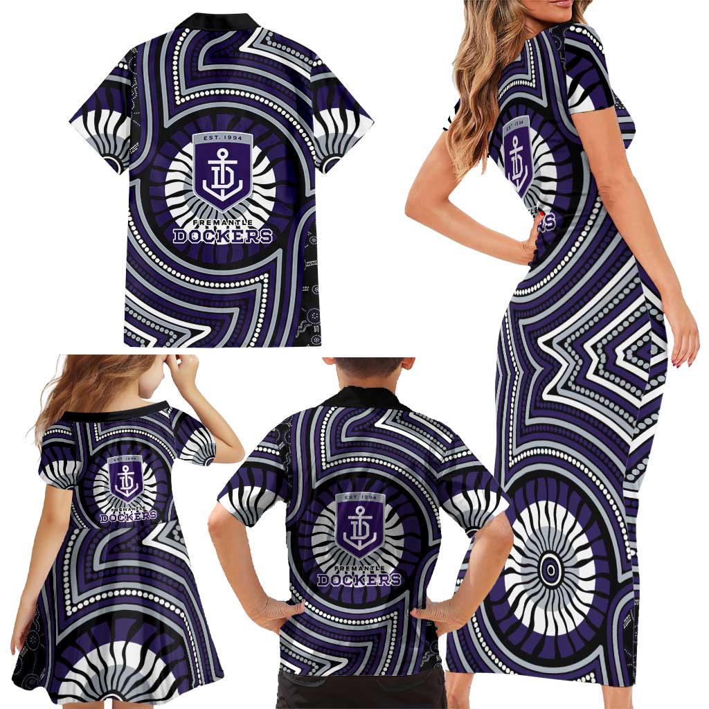 Fremantle Dockers Family Matching Short Sleeve Bodycon Dress and Hawaiian Shirt Indigenous Monochrome Dot Art Mascot Style