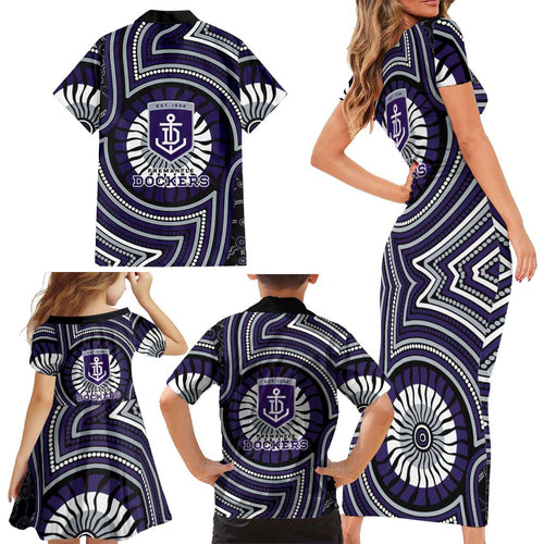 Fremantle Dockers Family Matching Short Sleeve Bodycon Dress and Hawaiian Shirt Indigenous Monochrome Dot Art Mascot Style