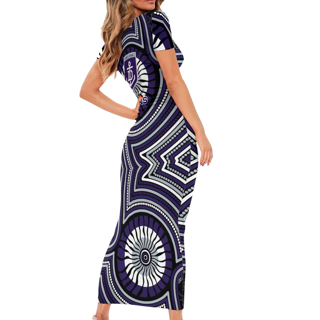Fremantle Dockers Family Matching Short Sleeve Bodycon Dress and Hawaiian Shirt Indigenous Monochrome Dot Art Mascot Style