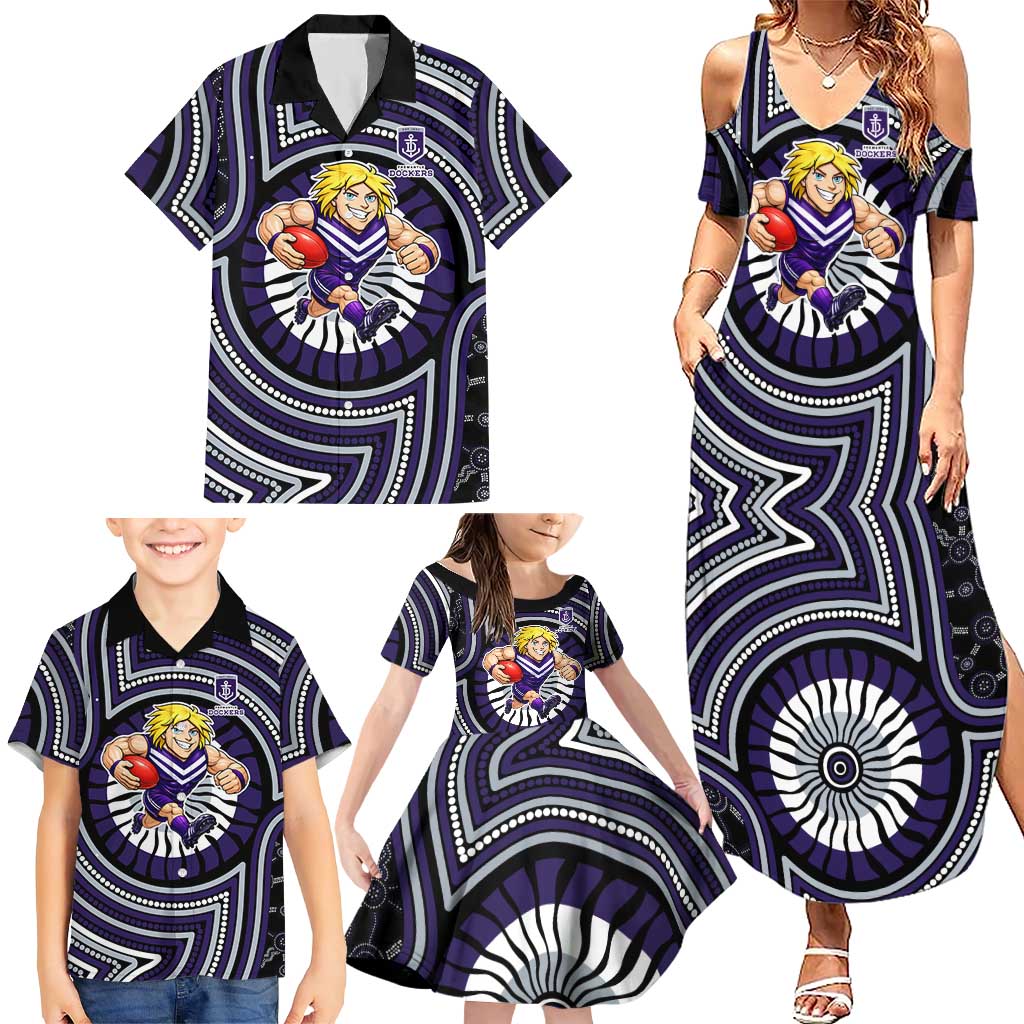 Fremantle Dockers Family Matching Summer Maxi Dress and Hawaiian Shirt Indigenous Monochrome Dot Art Mascot Style