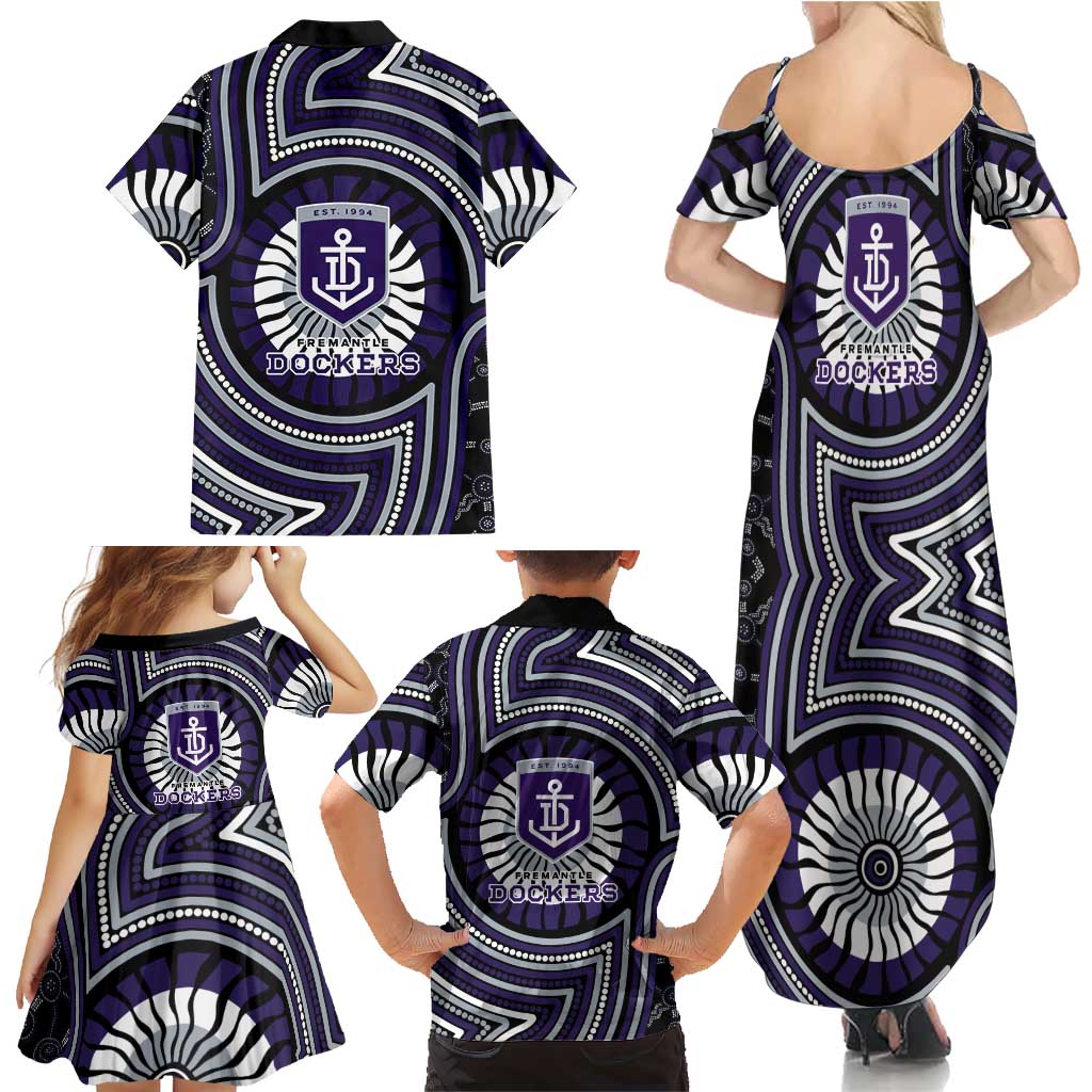Fremantle Dockers Family Matching Summer Maxi Dress and Hawaiian Shirt Indigenous Monochrome Dot Art Mascot Style