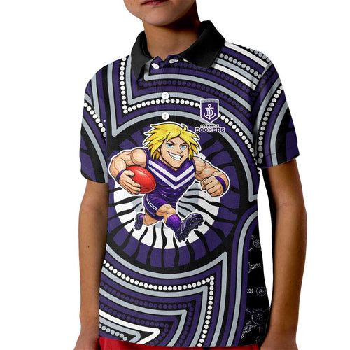 Fremantle Dockers Kid Polo Shirt Indigenous Monochrome Dot Art Mascot Style