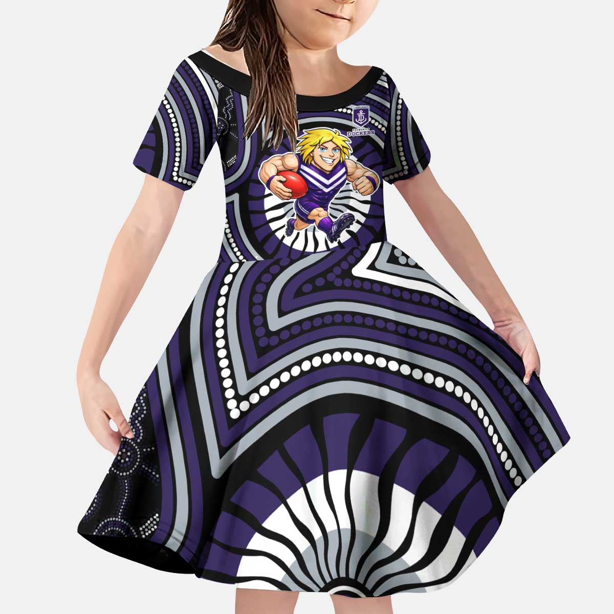 Fremantle Dockers Kid Short Sleeve Dress Indigenous Monochrome Dot Art Mascot Style